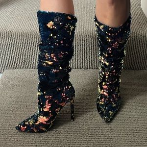 Sequin and velvet calf-height stiletto boots